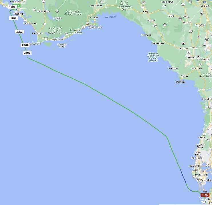 Photo of a map showing our track line from Panama City, FL to Tampa Bay, FL.