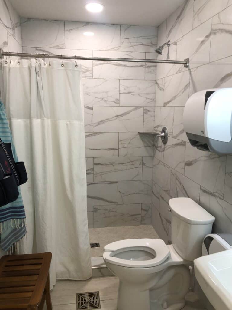 Showering at marinas help us save our water on the boat