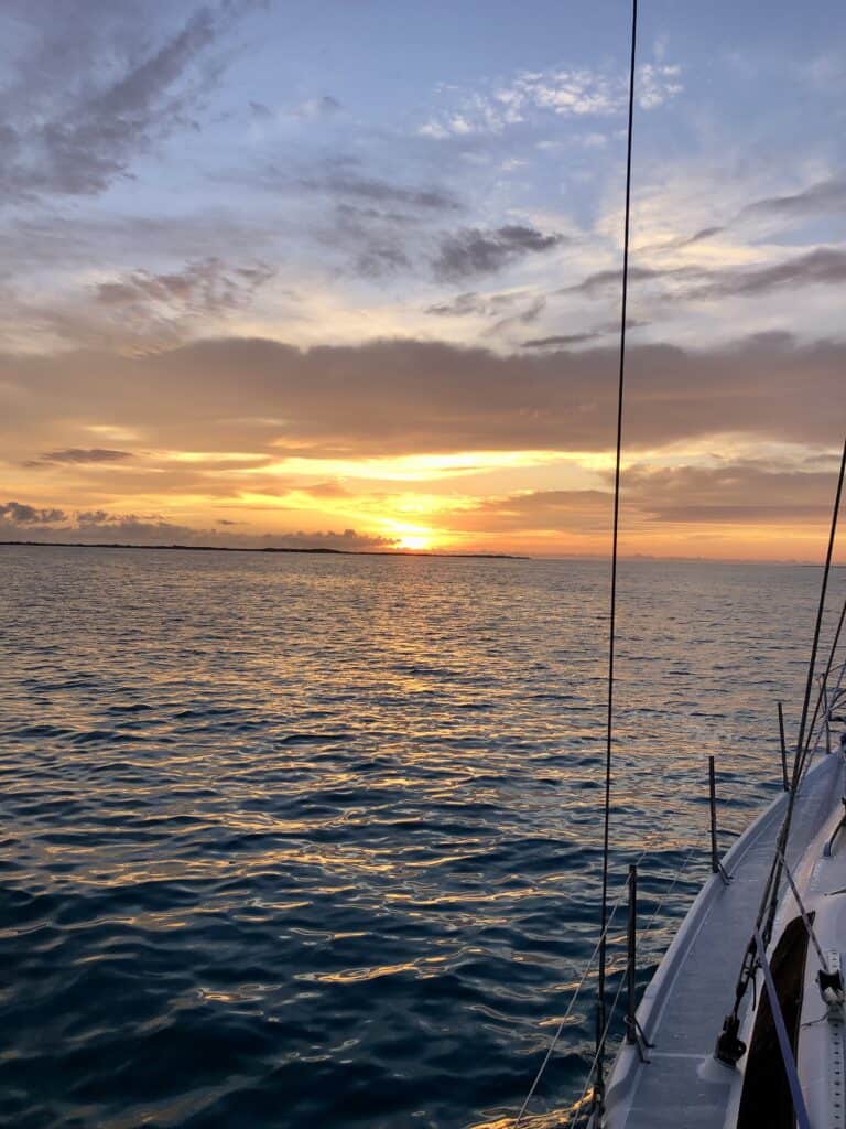 orange sunrise while sailing on the Bahama Bank