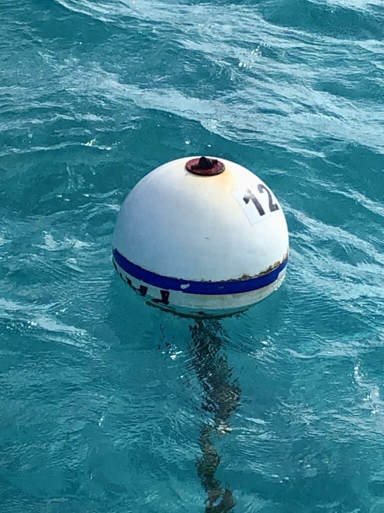 Exuma Cays Land and Sea Park Moorings. Ball in clear blue water with some growth on the lines.