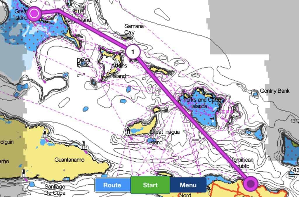 Our route from Great Exumas, Bahamas, around the north end of Long Island, west end of Mayaguana, west and south of Turks and Caicos to Ocean World, near Puerto Plata, Dominican Republic.