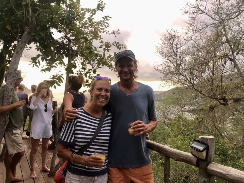 Scott and I posing for a picture on the deck of the Treehouse Bush Bar.