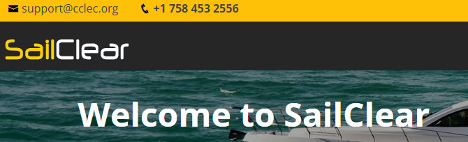 A snapshot from SailClear's homepage showing their email address (support@cclec.org) and phone number (+1 758 453 2556) and "Welcome to SailClear"