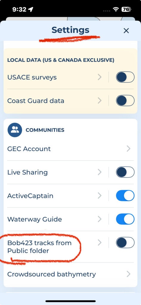 This screenshot from AquaMaps Settings shows a line item under Communites for Bob423 tracks and a toggle button. It is now easier than ever to add Bob423 tracks onto your AquaMap charts.