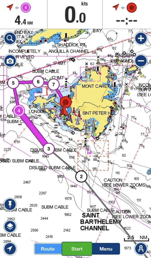 Nautical chart of St. Martin from Navionics showing the end of our route from Guadeloupe to St. Martin. It show several waypoints as we make our way to the east side of St. Martin to Marigot Bay.