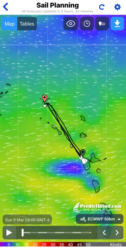 Our route from Guadeloupe to Saint Martin in the Sail Planning tool in PredictWind shows green and yellow (nice light winds) out of the east.