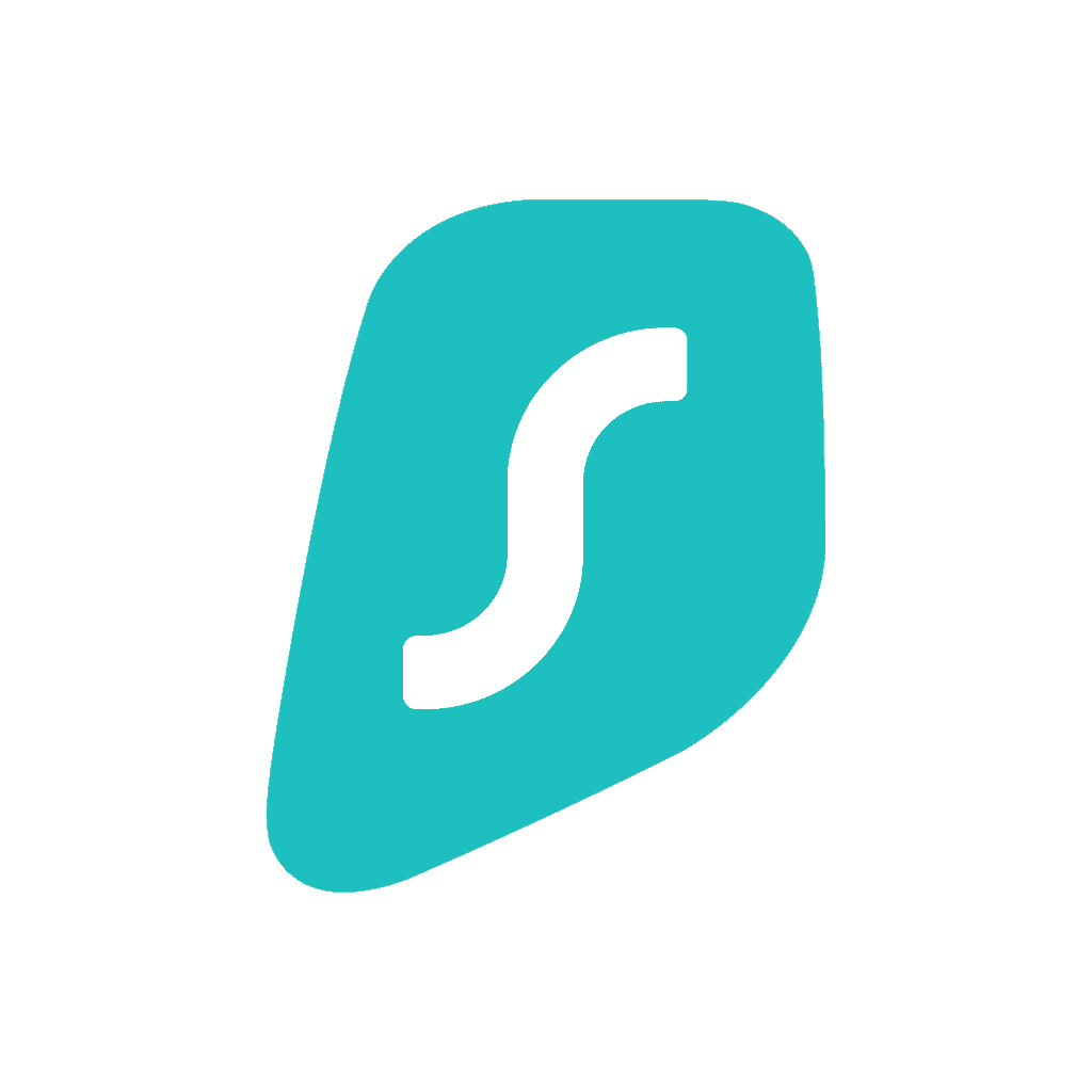 Surfshark logo with a white curved S symbol centered on a turquoise background. The VPN brand logo featured in this Surfshark Review.