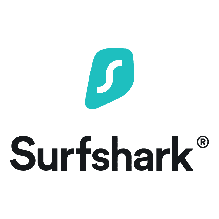 Surfshark logo with a turquoise shield shaped icon and white curved S above the black "Surfshark" wordmark. The VPN company logo featured in this Surfshark Review.