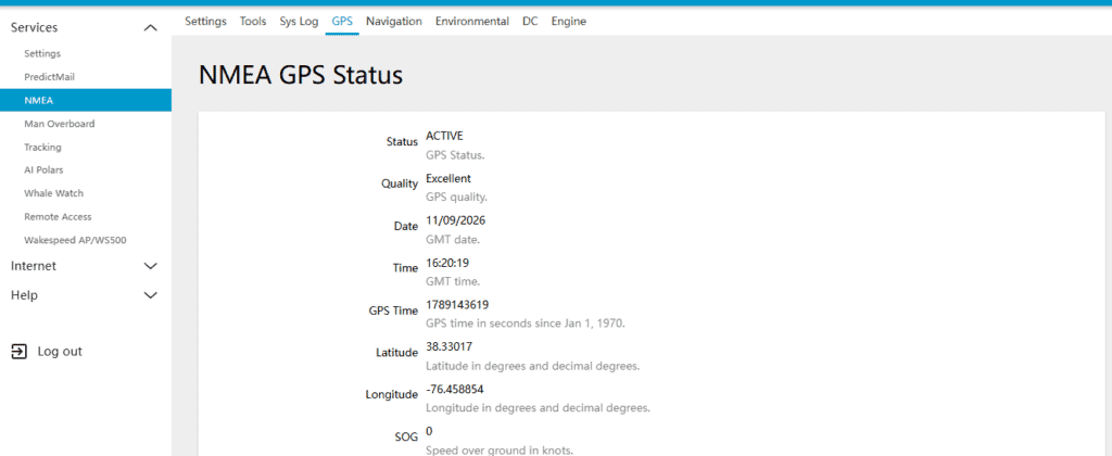 DataHub Pro setup screen showing the NMEA GPS Status page with "Status ACTIVE" and "Quality Excellent" confirming that the GPS connection is working during the DataHub Pro installation. The screen also displays the date and time along with the boats latitude and longitude and a speed over ground of "0" knots.
